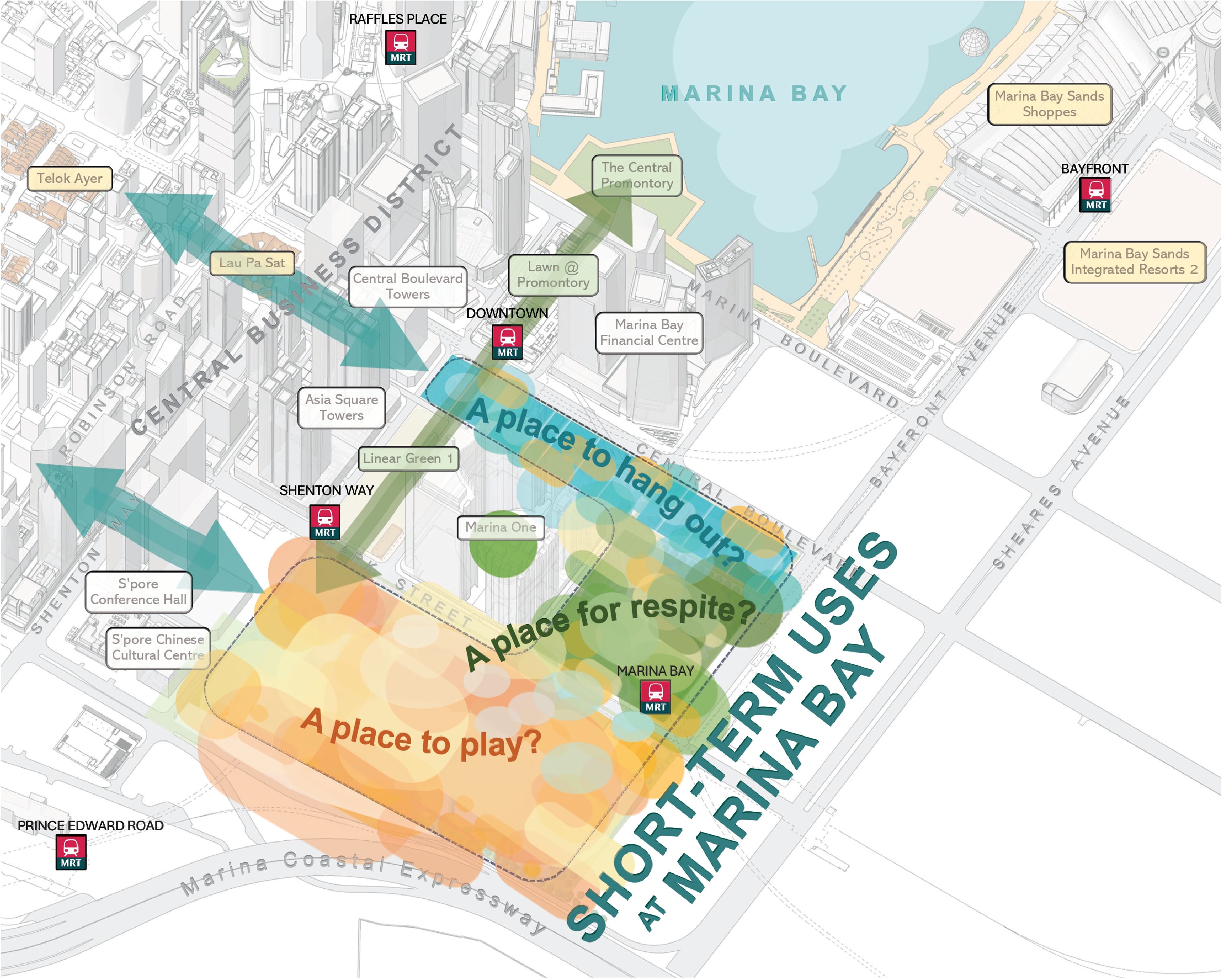 Map of the Marina Bay area in Singapore, highlighting various locations for leisure activities with MRT access.